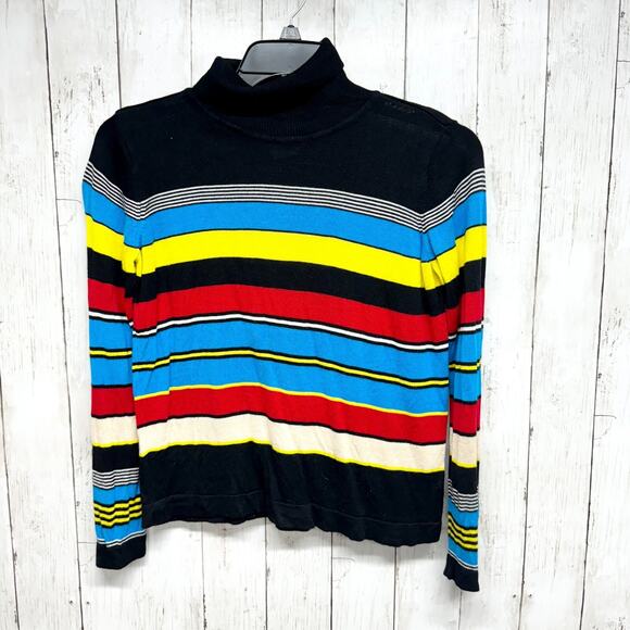 VTG Modcloth Women Top M Black Colorful Striped Viscose Turtleneck Long Sleeve - Picture 1 of 5